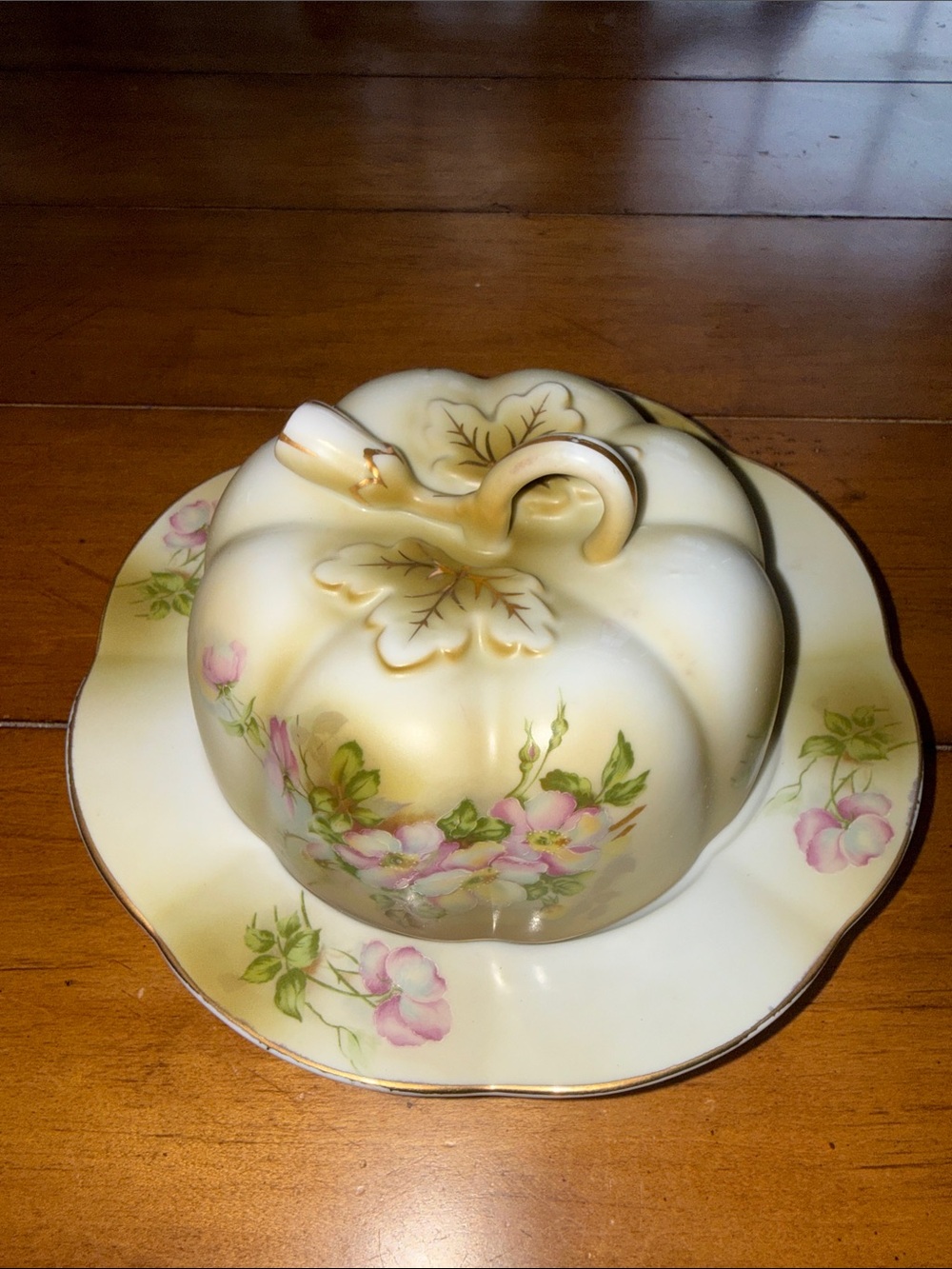 Nippon Hand-Painted Pumpkin Porcelain Butter / Cheese Dish & Cover Antique